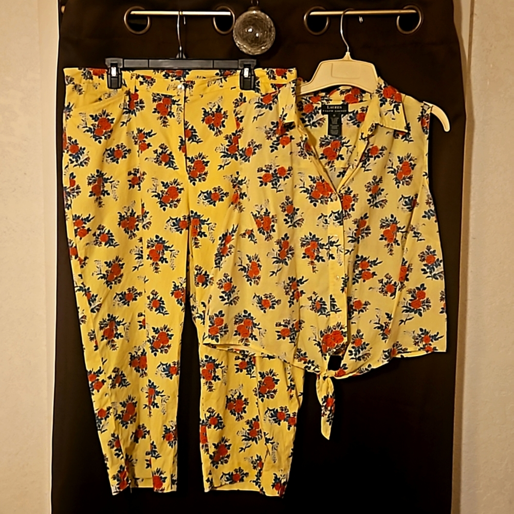 Ralph Lauren Yellow Floral Tie-Front Top & Pants Set
